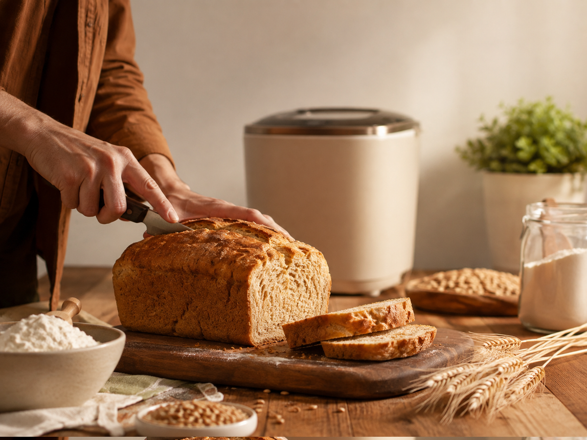 Fresh bread being sliced in a warm kitchen with a bread maker