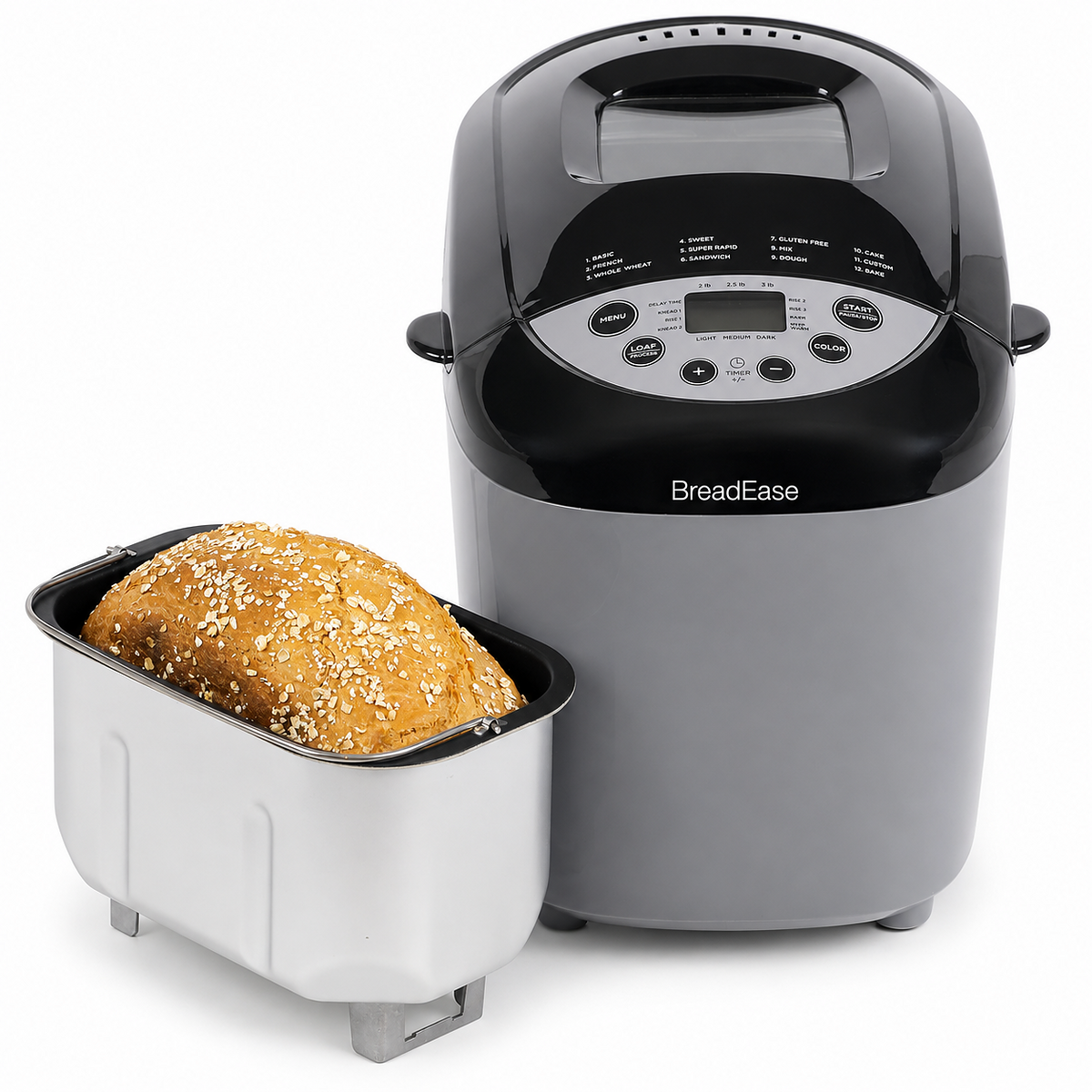 Gray BreadEase 3 lb dual-blade automatic bread maker with pan