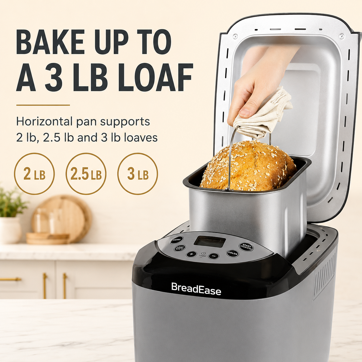 BreadEase bread maker with 2 lb, 2.5 lb and 3 lb loaf sizes