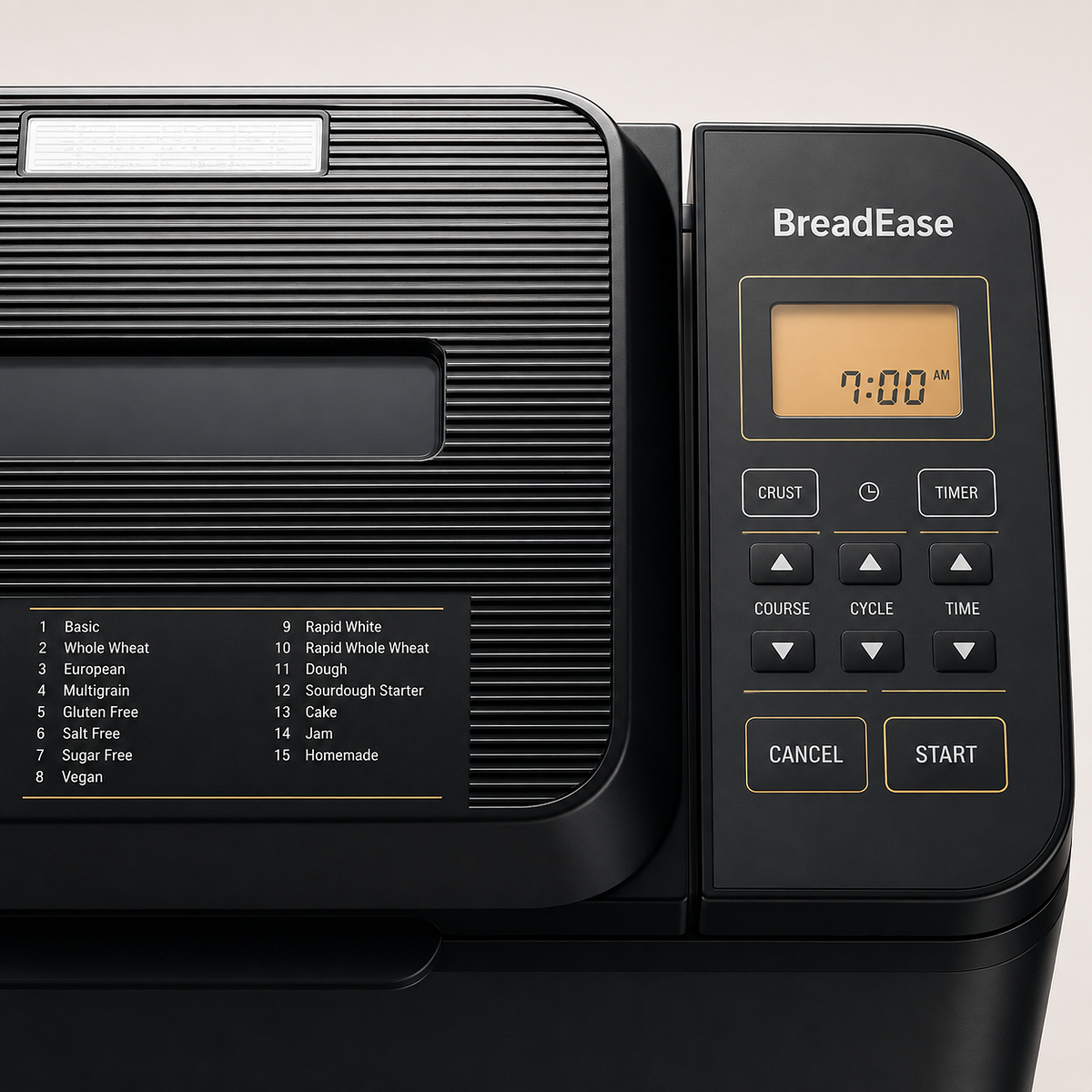 BreadEase bread maker control panel and program list