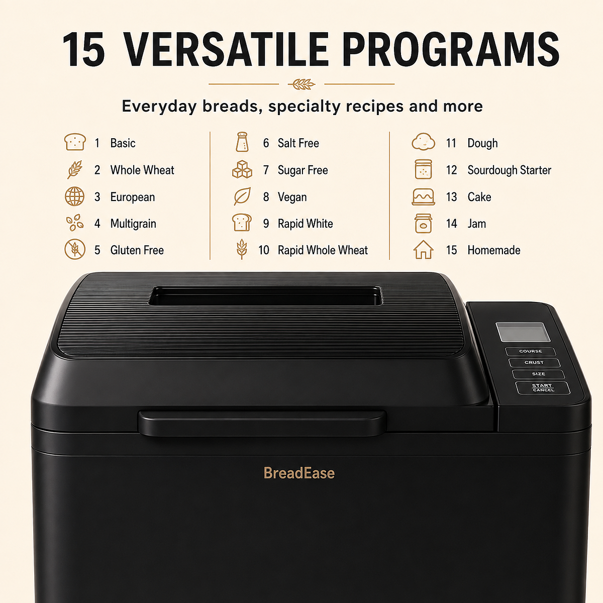 BreadEase bread maker 15-program menu overview
