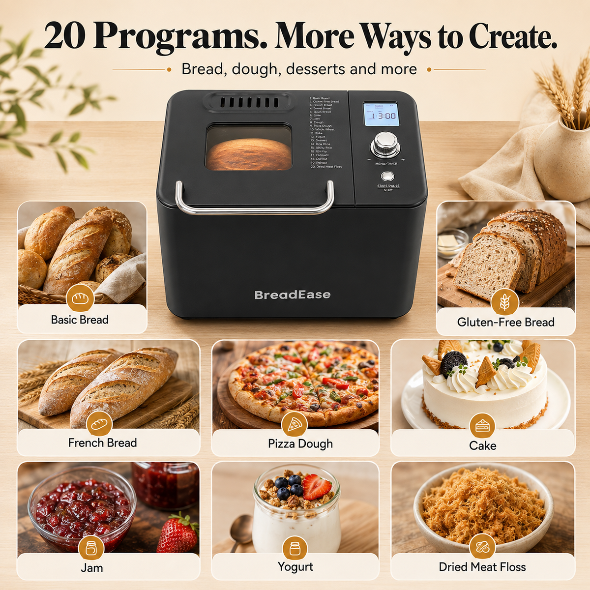 BreadEase 20-program bread maker recipe options
