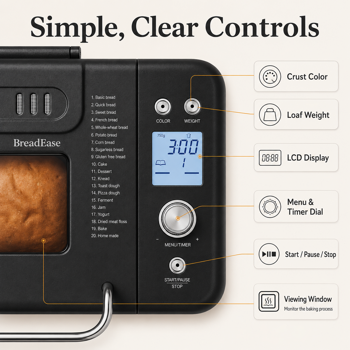 BreadEase bread maker control panel and LCD display