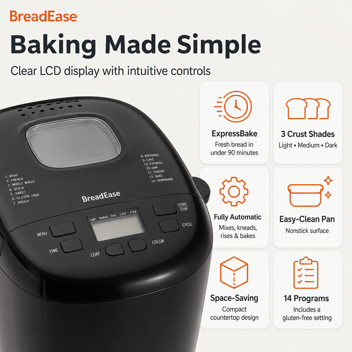 BreadEase 14-setting bread maker features and LCD controls
