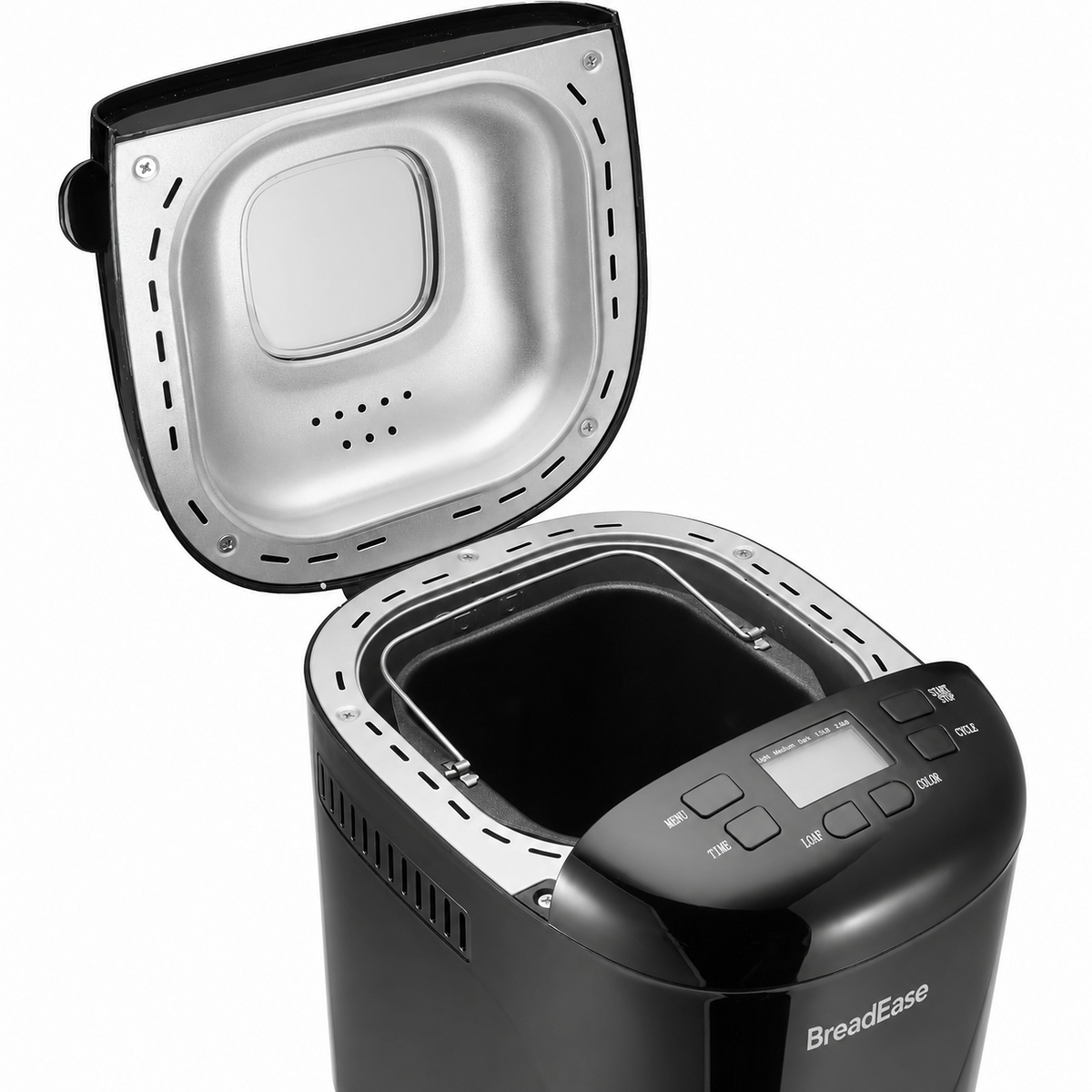 BreadEase bread maker with lid open and nonstick bread pan