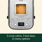 Top view of BreadEase bread maker with 12 menu options and three crust colors