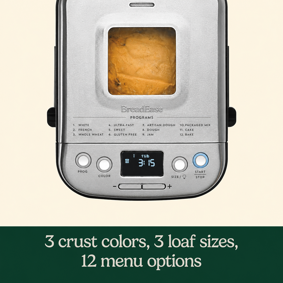 Top view of BreadEase bread maker with 12 menu options and three crust colors