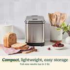 BreadEase compact bread maker on a kitchen counter with sliced bread