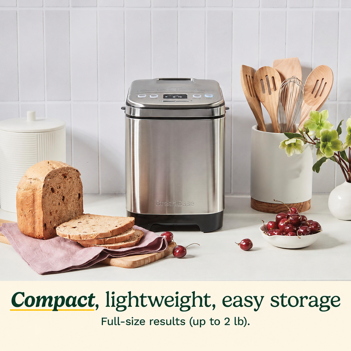 BreadEase compact bread maker on a kitchen counter with sliced bread