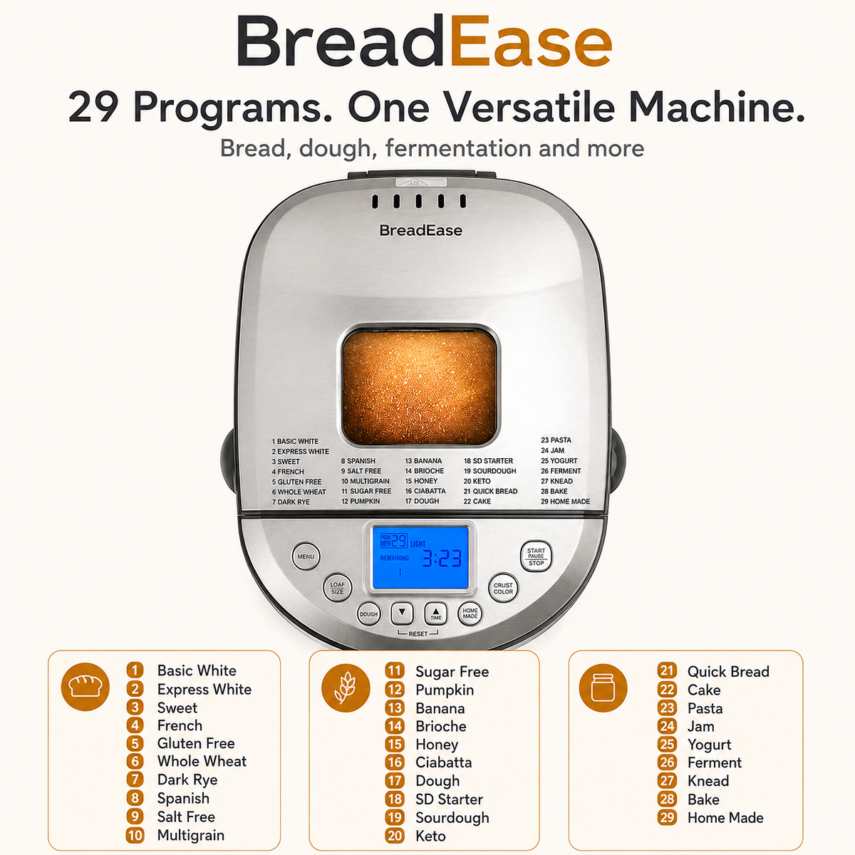 BreadEase 29-program automatic bread maker menu overview