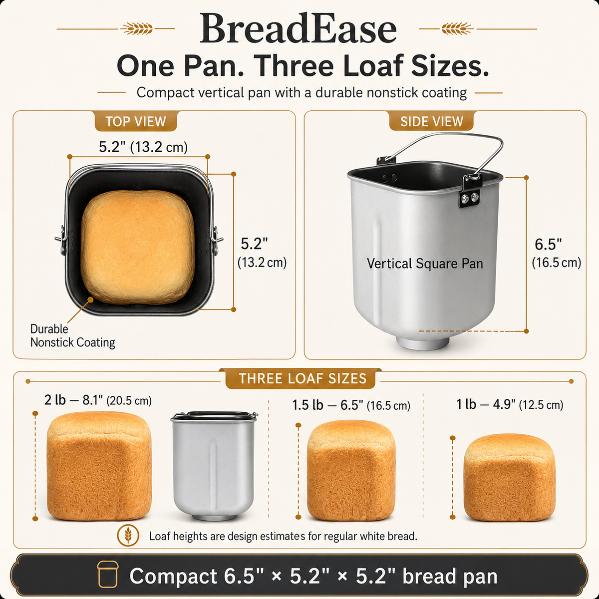 BreadEase vertical bread pan and three loaf sizes