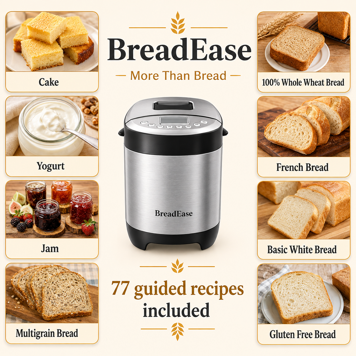 BreadEase bread maker recipes including bread, cake, yogurt and jam